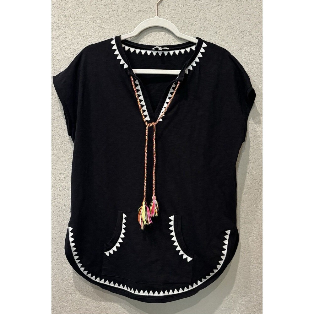 Lisa Todd Black Tunic Top Swim Cover Up Blouse Women’s S Scalloped Hem V Neck